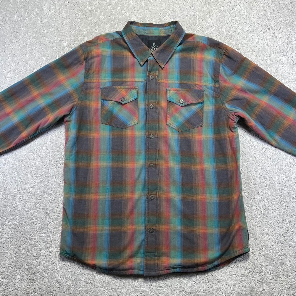 Prana Flannel Shirt Mens Large Plaid Organic Cotton Waffle Lined Shacket Asylum - Picture 2 of 16